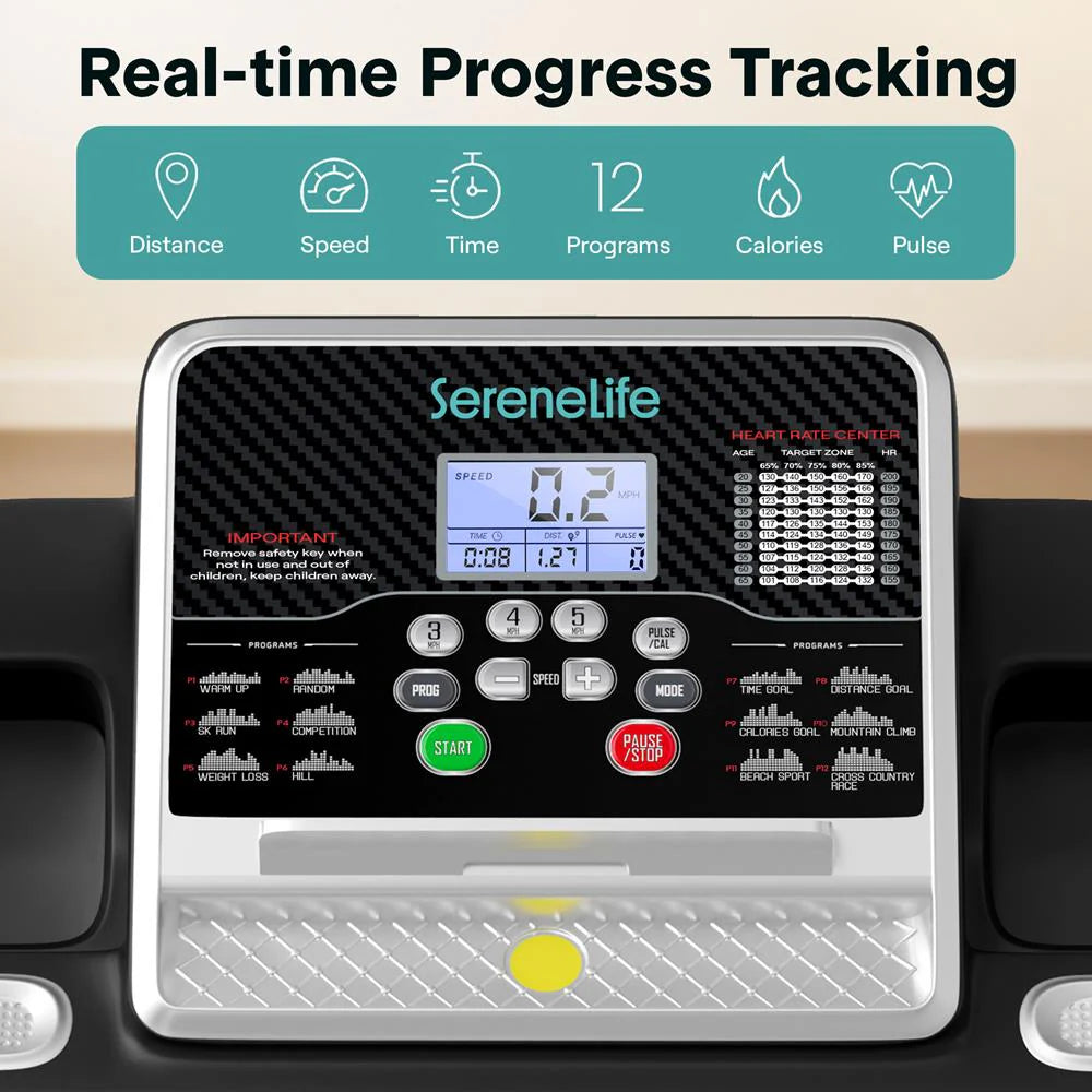 Folding Treadmill for Home Fitness, 6 MPH, 1HP Motor, 12 Programs, Bluetooth