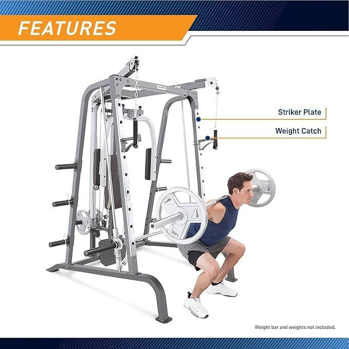 MARCY Smith Cage Exercise Machine Full Body Strength Training Home Gym Equipment System with Leg Trainer, Press Bar, PEC Bench and Squat Rack