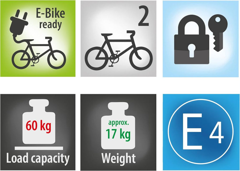 EUFAB 11523 Premium 2 Plus Bicycle Carrier, Suitable for E-Bikes, Large Tailgates, Fully Pre-Assembled, Anti-Theft Protection, for 2 Bicycles, for Trailer Coupling, Black/Grey, W x H x D Approx. 115 x