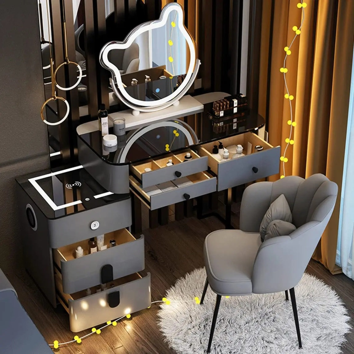 Makeup Vanity Desk Set. With 3 Color LED Lights Mirror. With Cushioned Stool. for Family Bedroom. for Her (120CM/47.2IN)