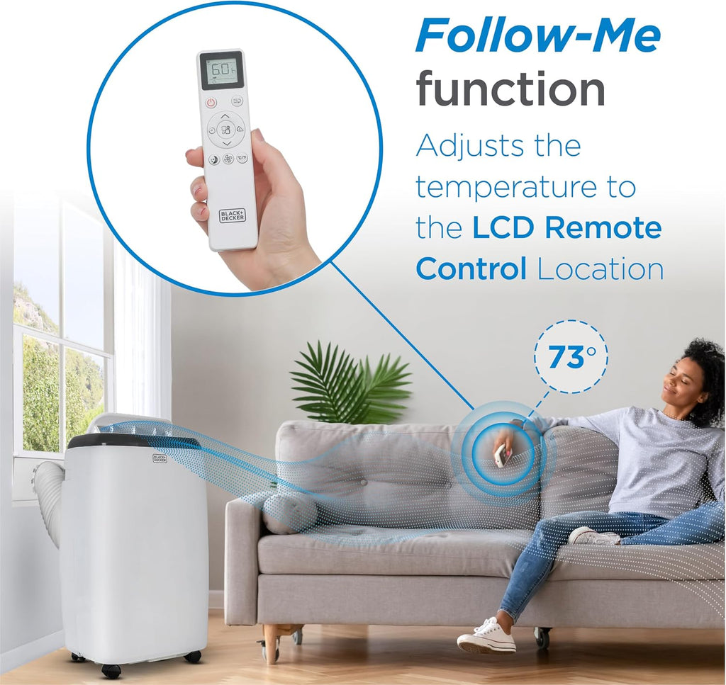 BLACK+DECKER Portable Air Conditioner. 12.000 BTU for Rooms Up To 550 Sq. Ft.. Portable AC with Follow Me Remote Control & Window Kit.