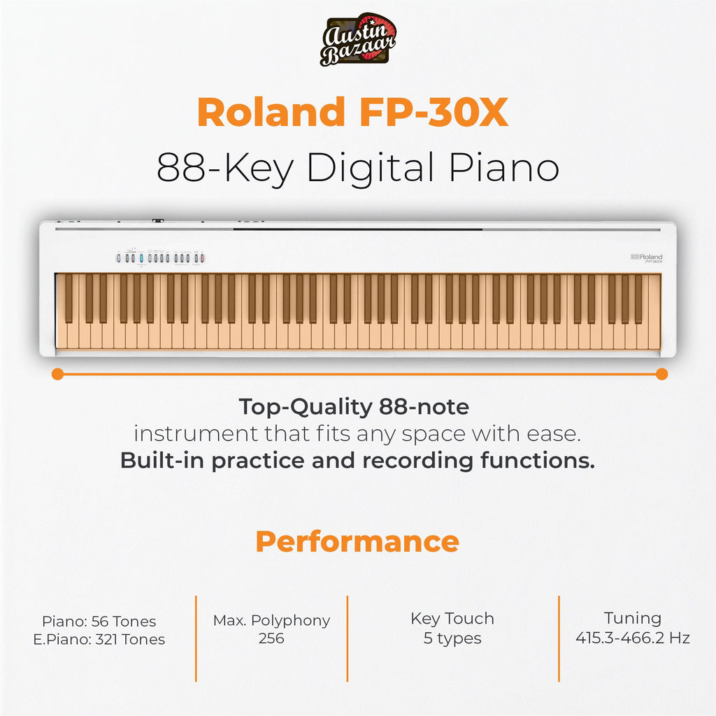 Roland FP-10 Digital Piano - Black Bundle with KSC-FP10 Stand, Bench, Sustain Pedal, Instructional Book, Online Lessons, Instructional DVD, and Austin Bazaar Polishing Cloth