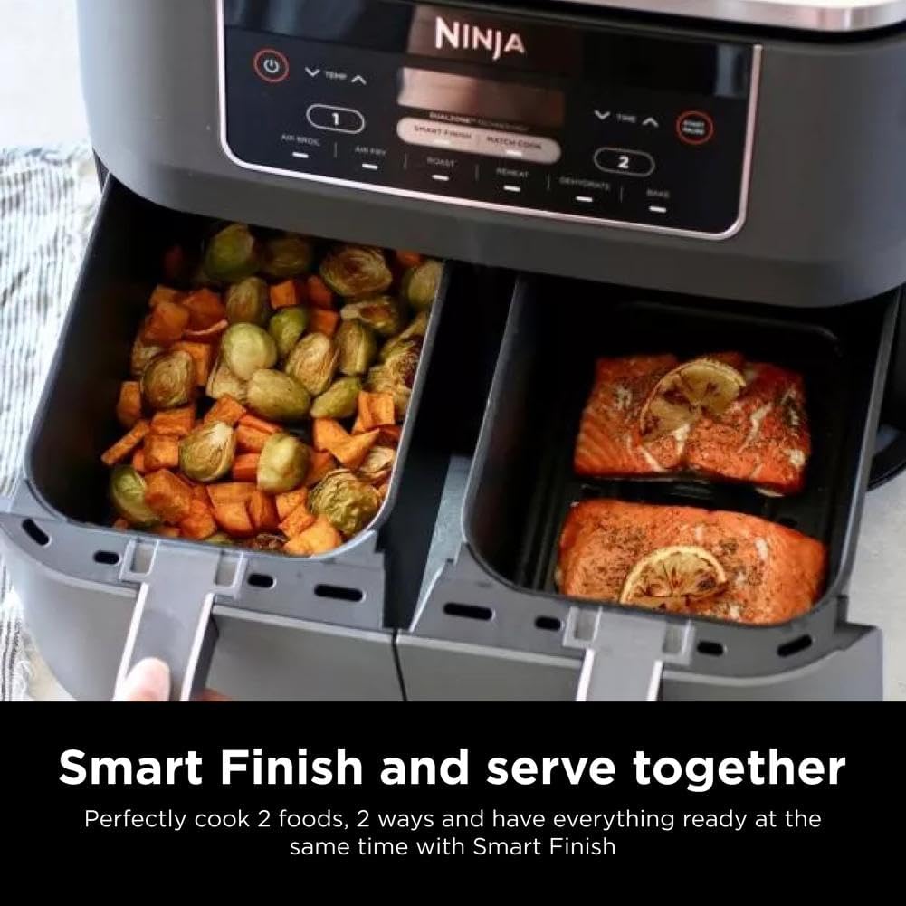 Ninja Foodi Dual Zone Digital Hot Air Fryer - 6-in-1, 2 Compartments, 6.2L, 7.6L, 9.5L – Non-Stick, Dishwasher Safe, Black AF300EU