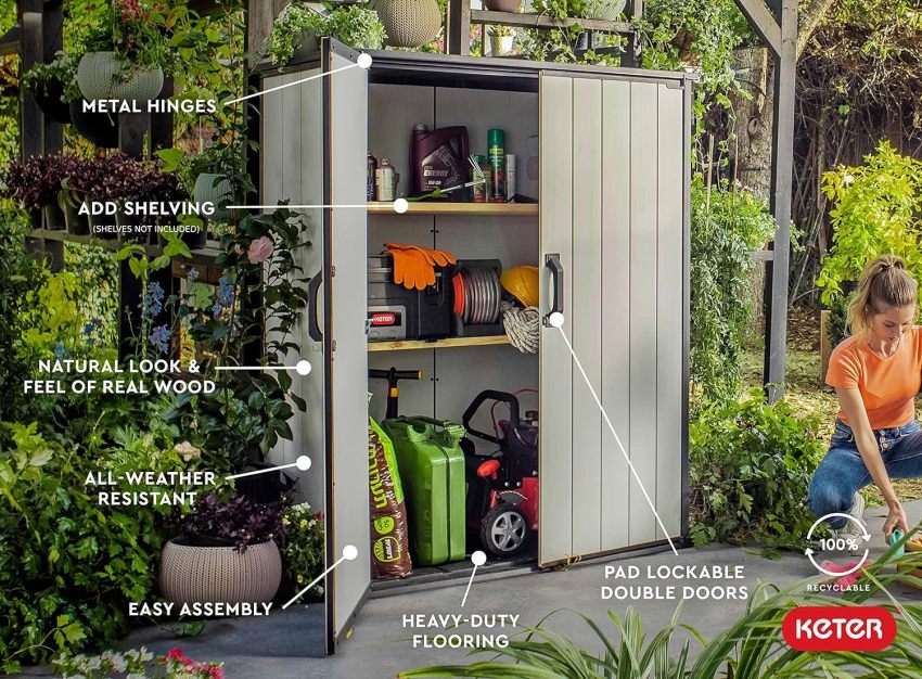 Keter Premier Tall 4.6 x 5.6 ft. Resin Outdoor Storage Shed with Shelving Brackets for Patio Furniture, Pool Accessories, and Bikes, Grey &amp; Black