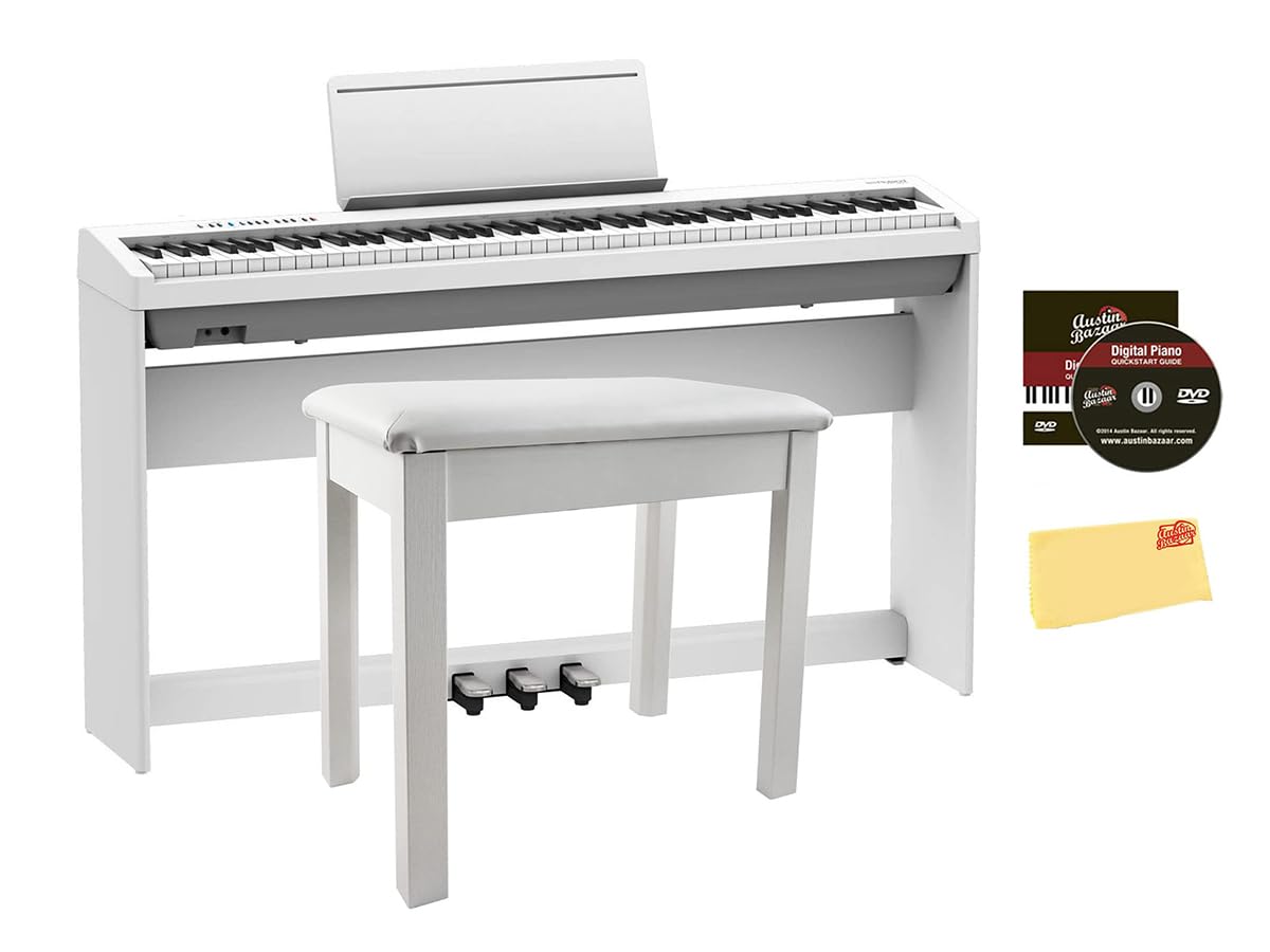 Roland FP-10 Digital Piano - Black Bundle with KSC-FP10 Stand, Bench, Sustain Pedal, Instructional Book, Online Lessons, Instructional DVD, and Austin Bazaar Polishing Cloth