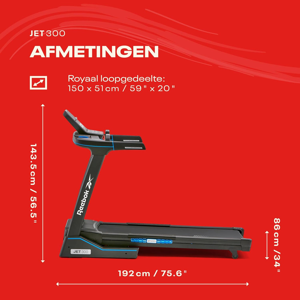 Reebok Jet 300 Bluetooth Treadmill – Smart Folding Running Machine with 2.5HP Motor, 15 Incline Levels & Fitness Tracking