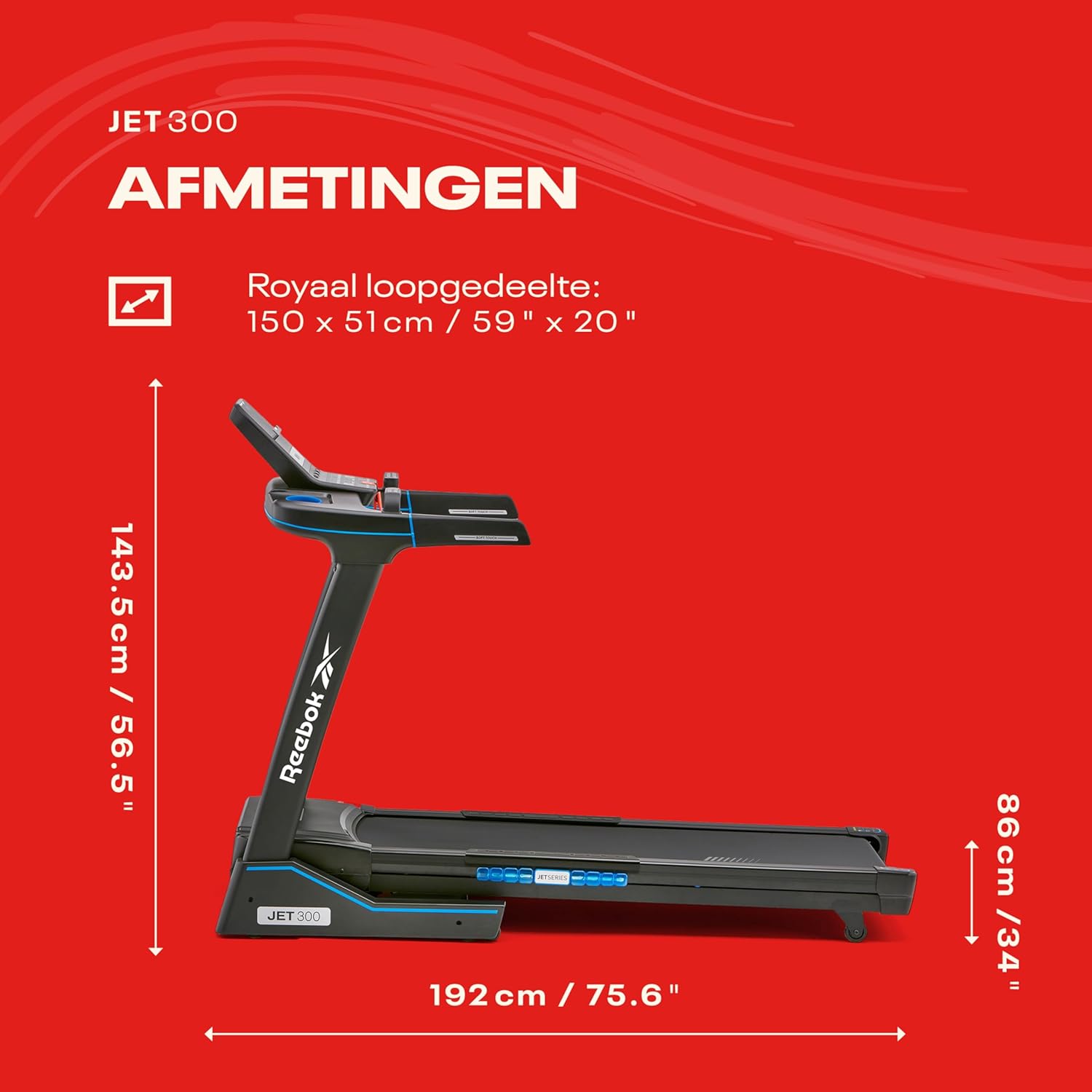 Reebok Jet 300 Bluetooth Treadmill – Smart Folding Running Machine with 2.5HP Motor, 15 Incline Levels & Fitness Tracking