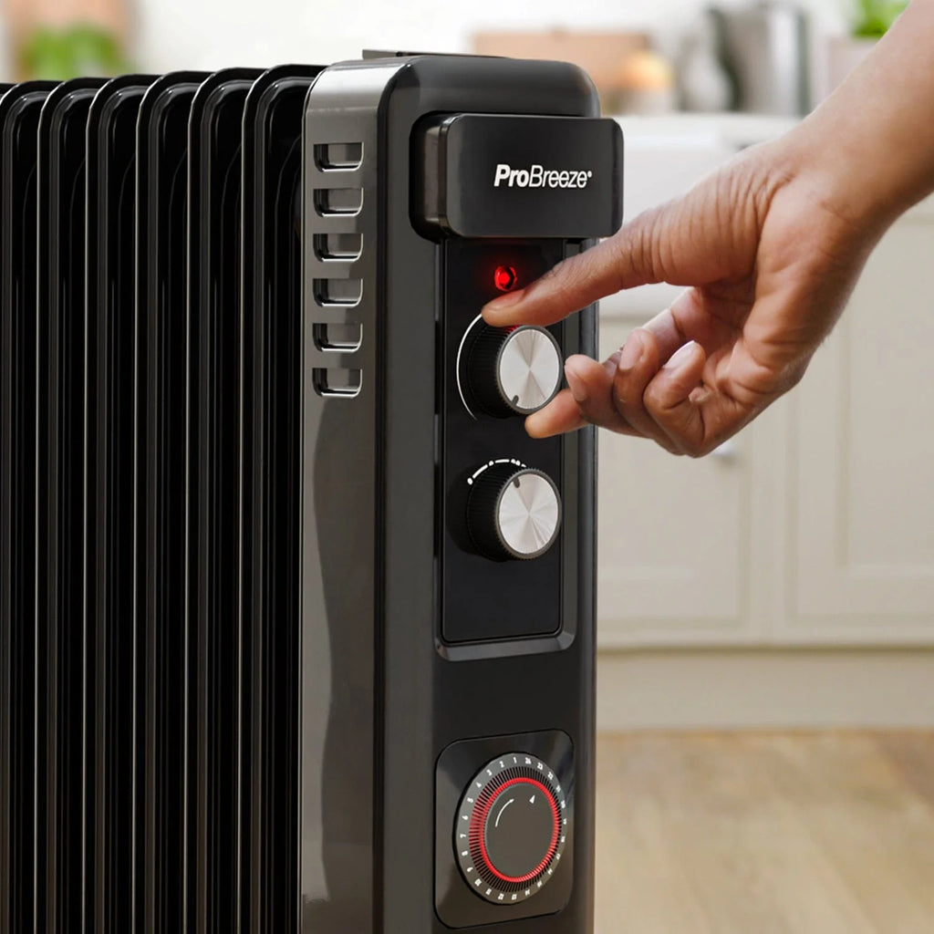 2500W 11 Fins Oil Filled Radiator Heater with Thermostat Control - Black