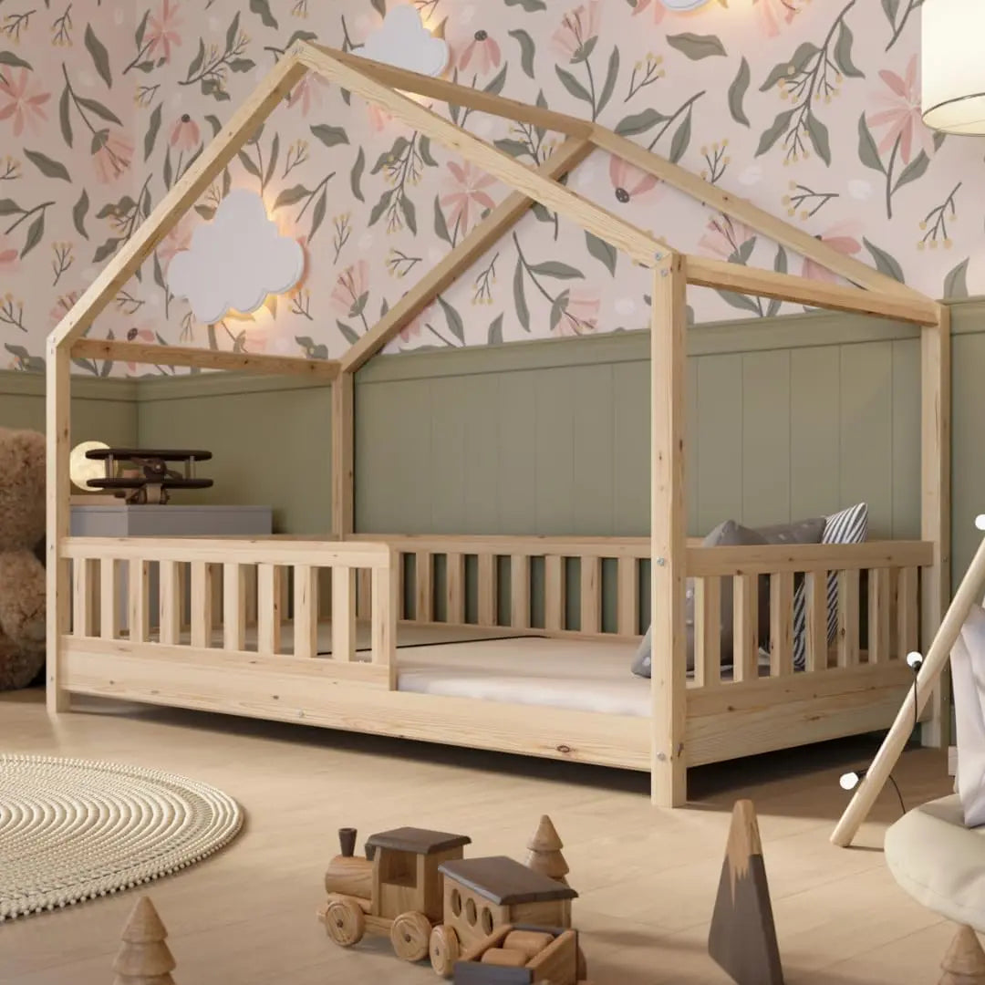 Crazy Pine Cabin Bed 160x80 cm – Natural Wood Children's Bed with Barrier – Montessori Floor Bed with Height-Adjustable Legs and Removable Barrier - Crazy House