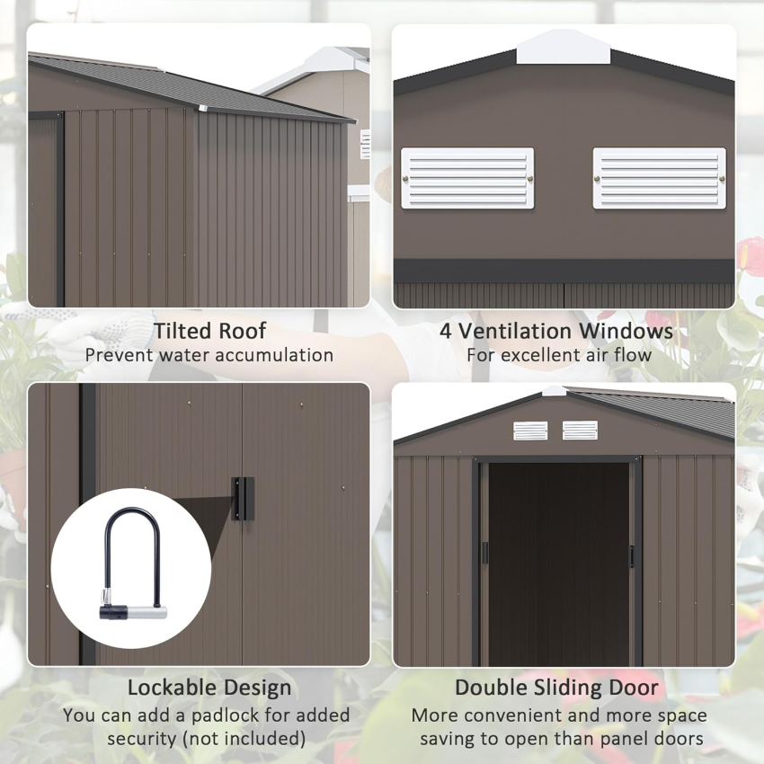 Outsunny 9 x 6ft Garden Metal Storage Shed, Outdoor Storage Tool House with Ventilation Slots, Floor Foundation and Lockable Double Doors, Light Green