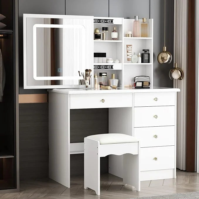 Vanity Stool Set With Sliding Lighted Mirror & Transparent glass panel