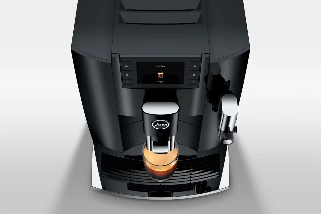 JURA E8 EC Automatic Bean-to-Cup Coffee Machine – Piano Black, Dark Grey & Titanium Grey, 17 Barista-Style Drinks at One Touch