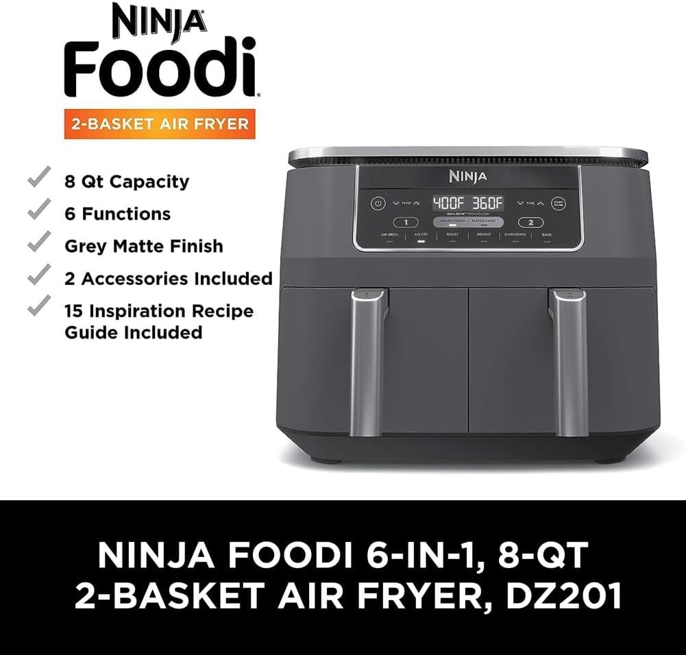 Ninja Foodi Dual Zone Digital Hot Air Fryer - 6-in-1, 2 Compartments, 6.2L, 7.6L, 9.5L – Non-Stick, Dishwasher Safe, Black AF300EU