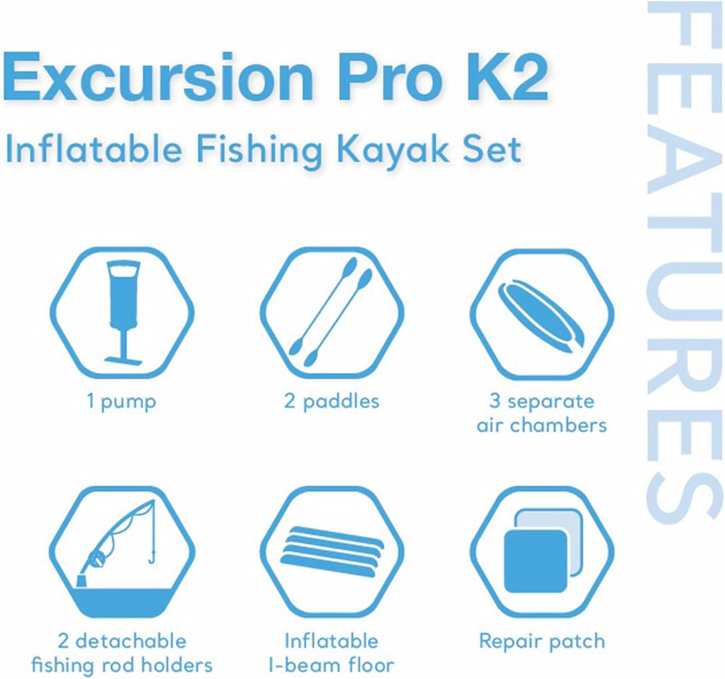 Intex 68309EP Excursion Pro K2 Inflatable Kayak Set: Includes Deluxe 86in Kayak Paddles and High-Output Pump – SuperTough PVC – Adjustable Bucket Seat – 2-Person – 400lb Weight Capacity