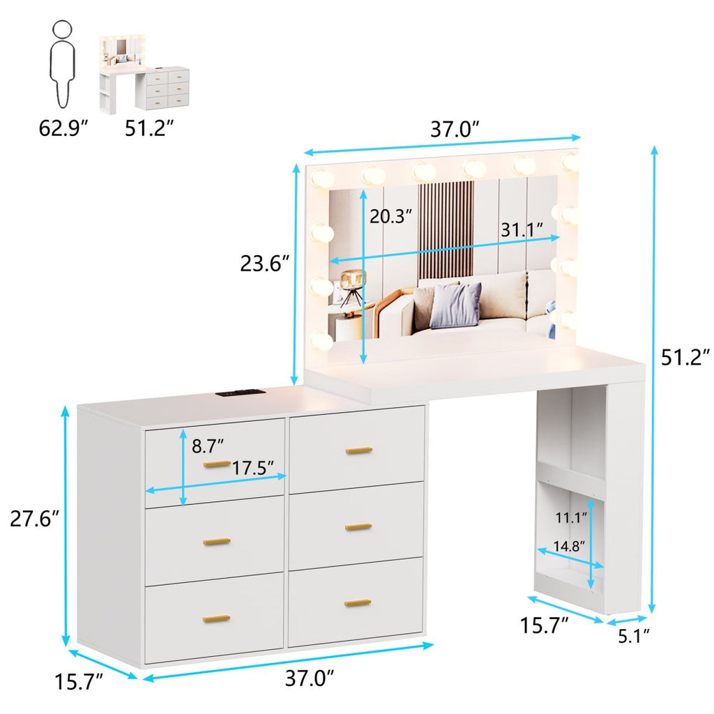 PAKASEP Makeup Vanity Desk with Mirror. 3-Color Lights. Charging Station. 6 Drawers. and Side Storage Shelves for Bedroom. White Vanity Dressing Table