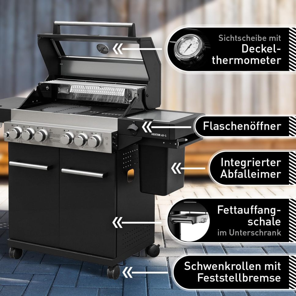 Fire God Hector 4B-S Gas Grill, including rotisserie, lid - all-inclusive, comes with 4 grilling utensils - 4 burners, grill burner, cast iron grate, back burner, side burner for garden and patio