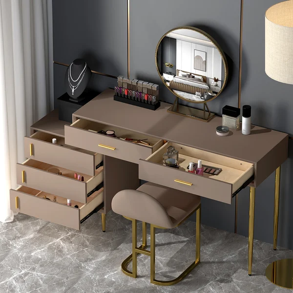 Modern Blue Makeup Vanity Set Retracted Dressing Table Cabinet&Stool&Mirror Included