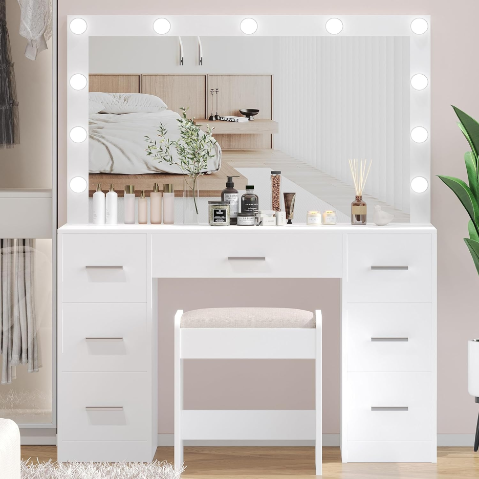 Vanity Desk with Stool. Makeup Table with Lighted Mirror. 3 Color Lighting Modes. Brightness Adjustable. Dressing Table