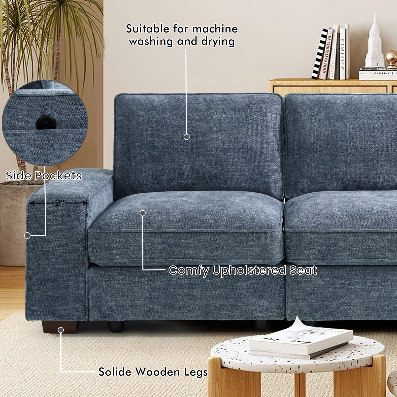 TEKAMON 100" Modular Sectional Sofa with Seats Storage, L Shaped Couch with Movable Ottoman, Chenille Fabric Couch for Living Room, Office, Apart W/Deep Seat, USB Charging,Removable Cover