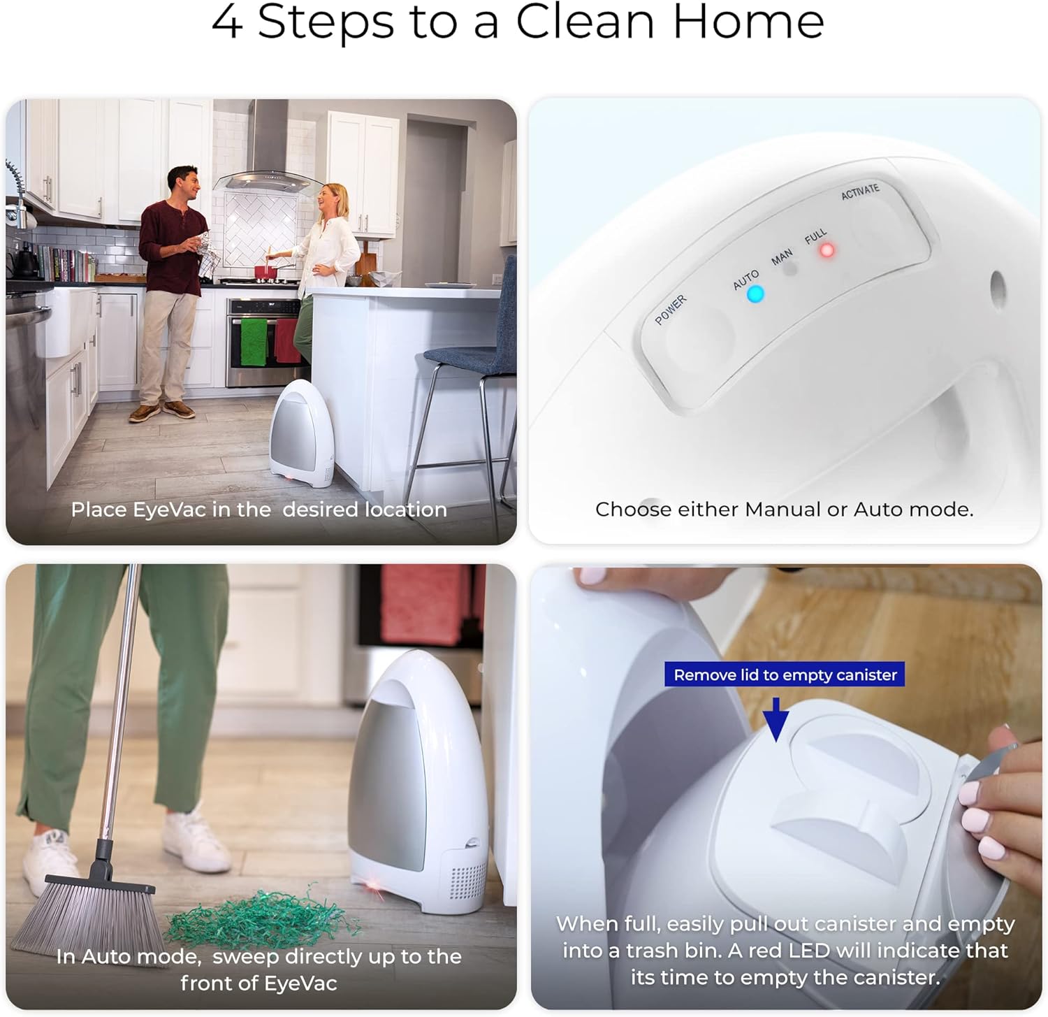 EyeVac Home Touchless Vacuum Automatic Dustpan - Great for Sweeping Pet Hair Food Dirt Kitchen - Ultra Fast & Powerful, No More Bending Down, Bagless, Corded, Automatic Sensors, 1000 Watt