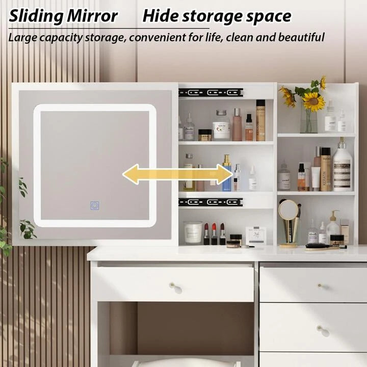 Vanity Stool Set With Sliding Lighted Mirror & Transparent glass panel