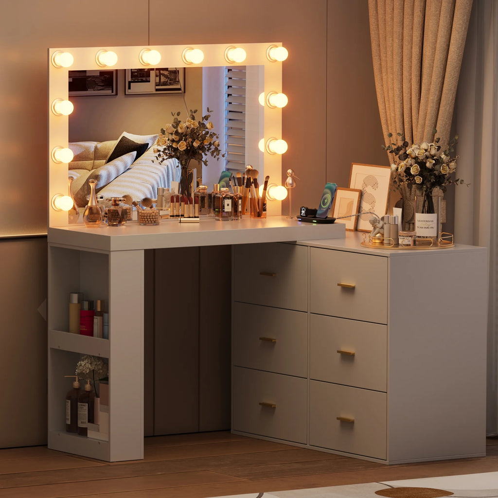 PAKASEP Makeup Vanity Desk with Mirror. 3-Color Lights. Charging Station. 6 Drawers. and Side Storage Shelves for Bedroom. White Vanity Dressing Table