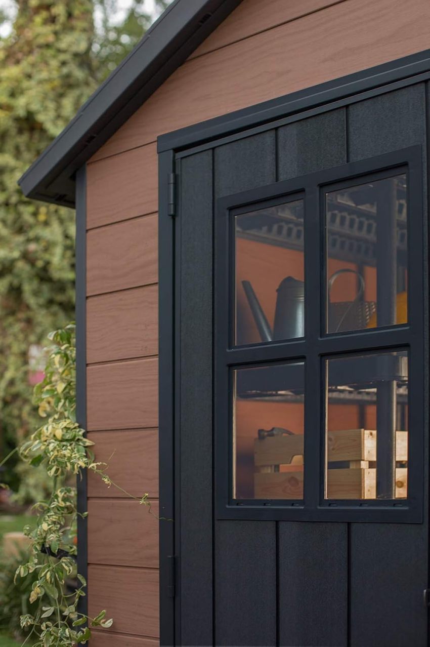 Keter Newton 7.5x11 Large Resin Outdoor Storage Shed Kit &ndash; Perfect to Store Patio Furniture, Garden Tools, Bike Accessories, and Lawn Mower, Mahogany Brown