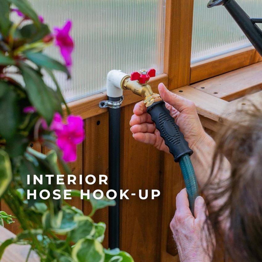 Backyard Discovery Bellerose Traditional Wood Greenhouse, All Cedar, Exterior and Interior Hose Hook-up, PowerPort, Foldable Shelves, Passive and Active Ventilation