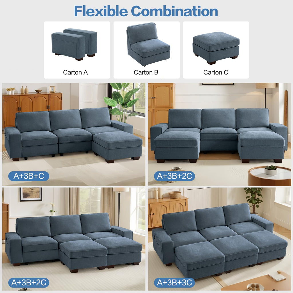 TEKAMON 100" Modular Sectional Sofa with Seats Storage, L Shaped Couch with Movable Ottoman, Chenille Fabric Couch for Living Room, Office, Apart W/Deep Seat, USB Charging,Removable Cover
