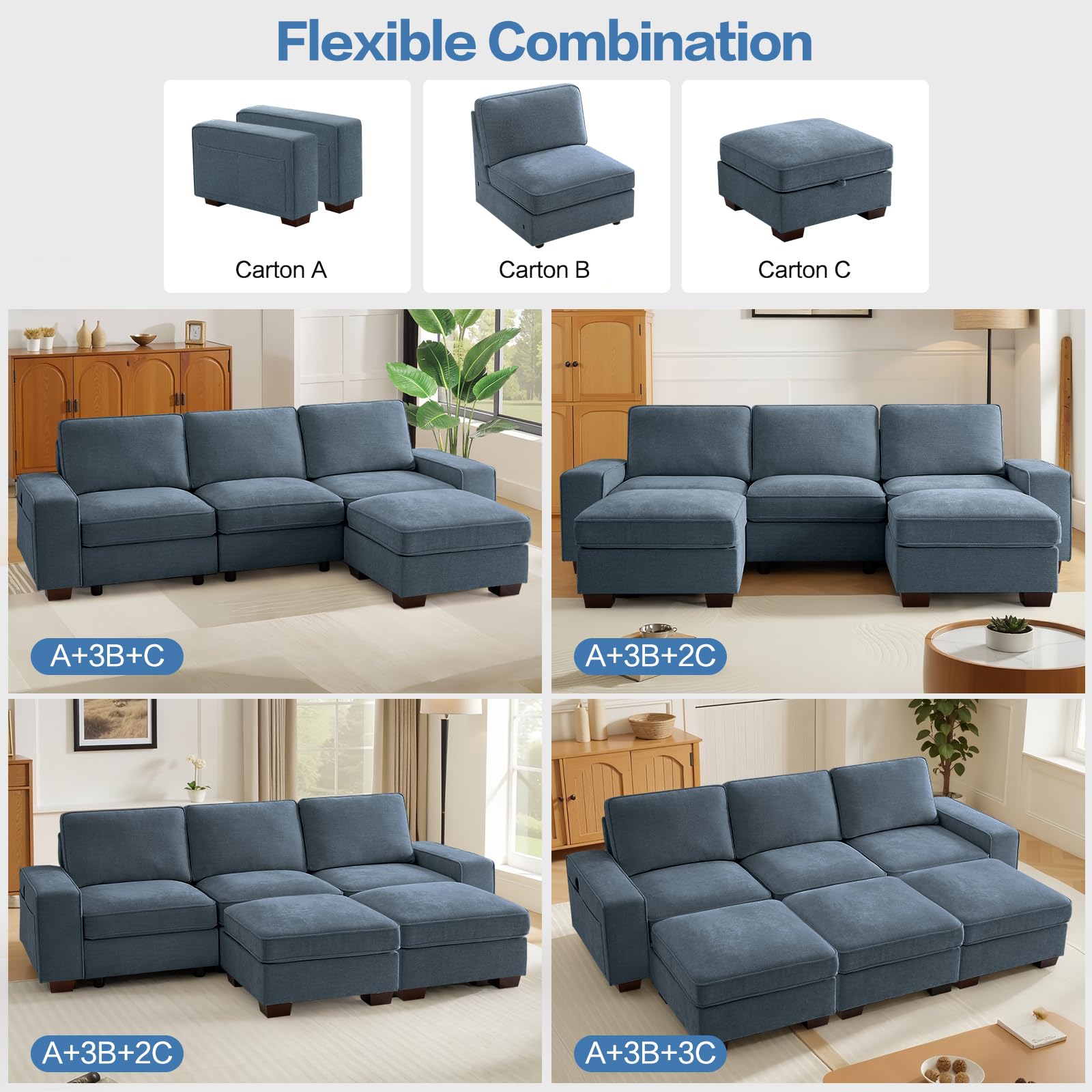TEKAMON 100" Modular Sectional Sofa with Seats Storage, L Shaped Couch with Movable Ottoman, Chenille Fabric Couch for Living Room, Office, Apart W/Deep Seat, USB Charging,Removable Cover