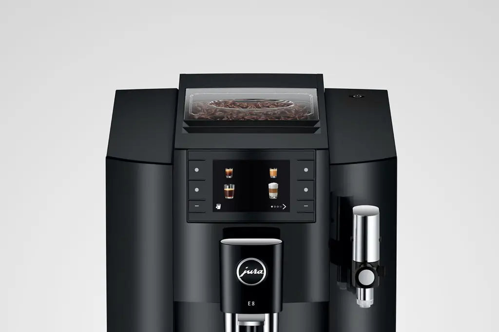 JURA E8 EC Automatic Bean-to-Cup Coffee Machine – Piano Black, Dark Grey & Titanium Grey, 17 Barista-Style Drinks at One Touch