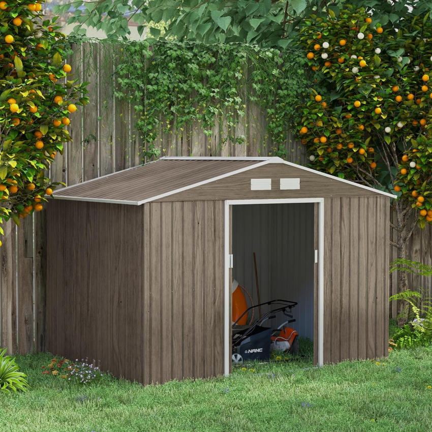 Outsunny 9 x 6ft Garden Metal Storage Shed, Outdoor Storage Tool House with Ventilation Slots, Floor Foundation and Lockable Double Doors, Light Green