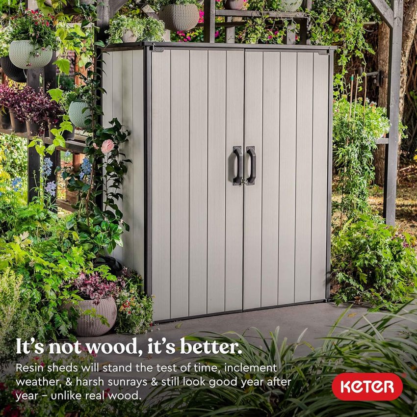 Keter Premier Tall 4.6 x 5.6 ft. Resin Outdoor Storage Shed with Shelving Brackets for Patio Furniture, Pool Accessories, and Bikes, Grey &amp; Black