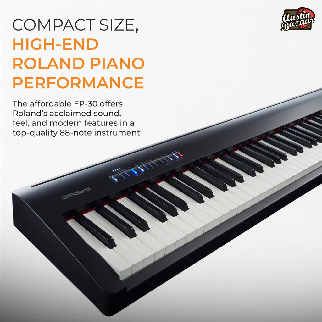 Roland FP-10 Digital Piano - Black Bundle with KSC-FP10 Stand, Bench, Sustain Pedal, Instructional Book, Online Lessons, Instructional DVD, and Austin Bazaar Polishing Cloth