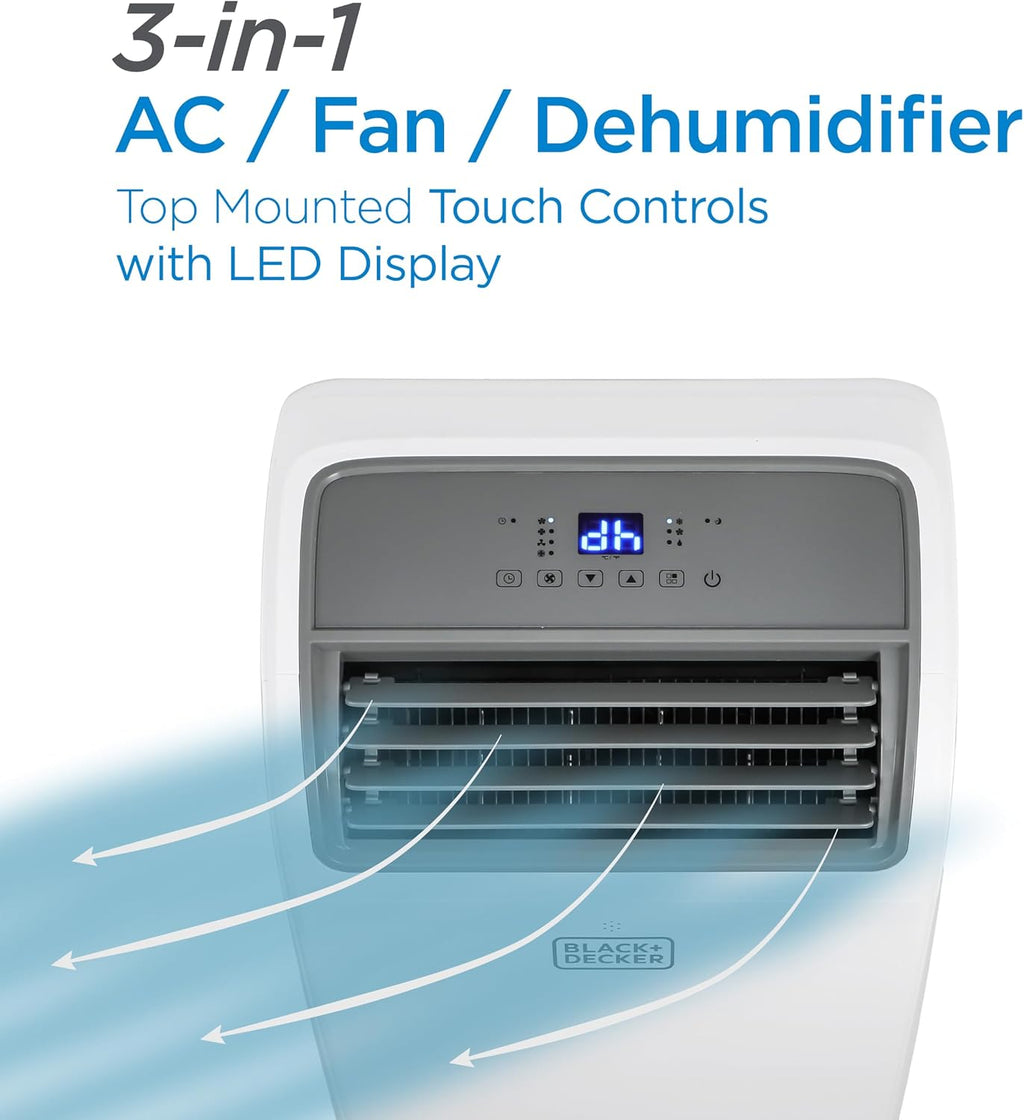 BLACK+DECKER Portable Air Conditioner. 12.000 BTU for Rooms Up To 550 Sq. Ft.. Portable AC with Follow Me Remote Control & Window Kit.