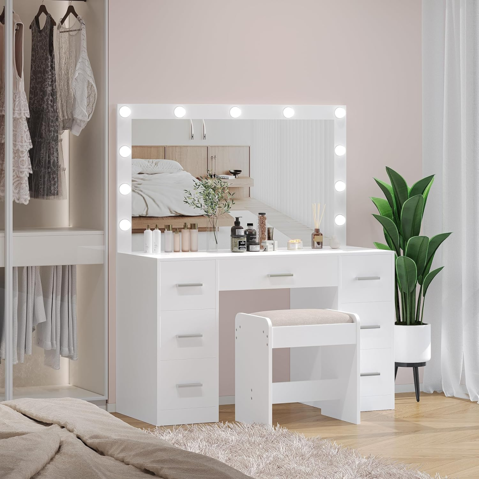 Vanity Desk with Stool. Makeup Table with Lighted Mirror. 3 Color Lighting Modes. Brightness Adjustable. Dressing Table