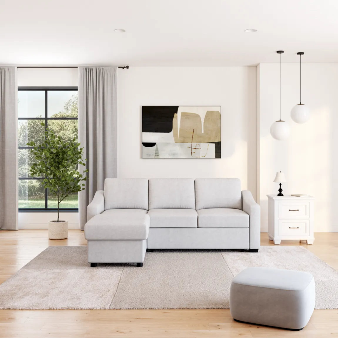 Coddle Aria Fabric Sleeper Sofa with Reversible Chaise and Storage, Beige/Gray