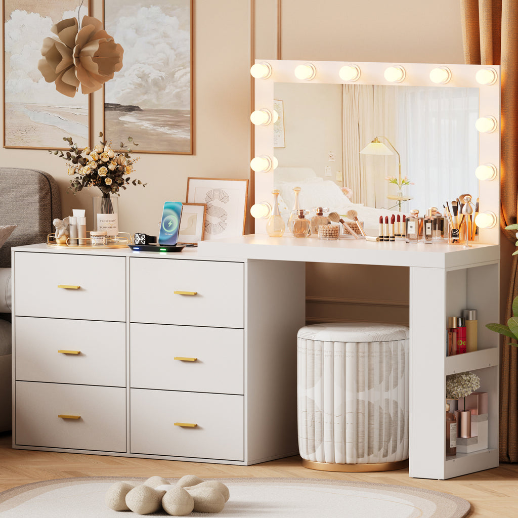 PAKASEP Makeup Vanity Desk with Mirror. 3-Color Lights. Charging Station. 6 Drawers. and Side Storage Shelves for Bedroom. White Vanity Dressing Table