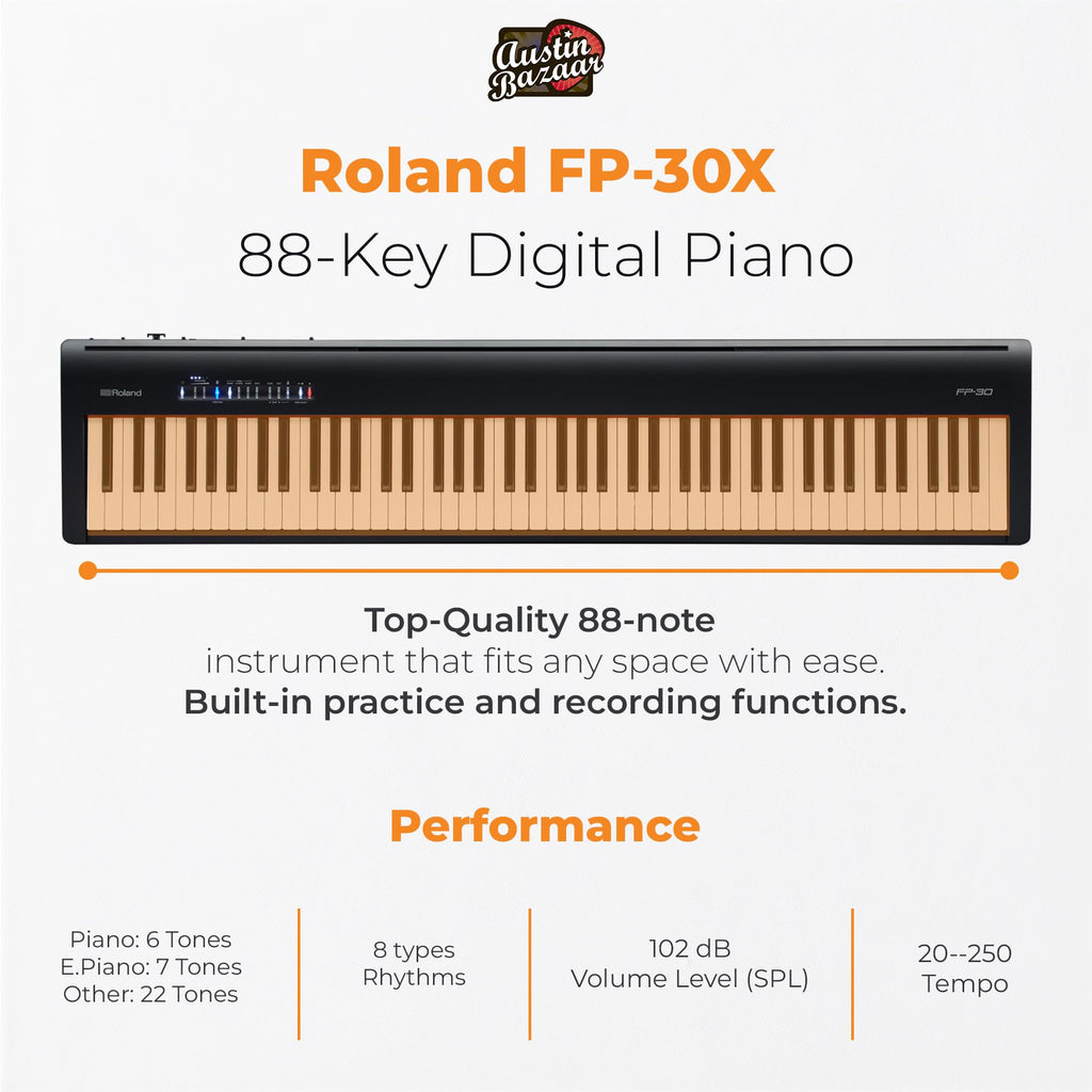 Roland FP-10 Digital Piano - Black Bundle with KSC-FP10 Stand, Bench, Sustain Pedal, Instructional Book, Online Lessons, Instructional DVD, and Austin Bazaar Polishing Cloth