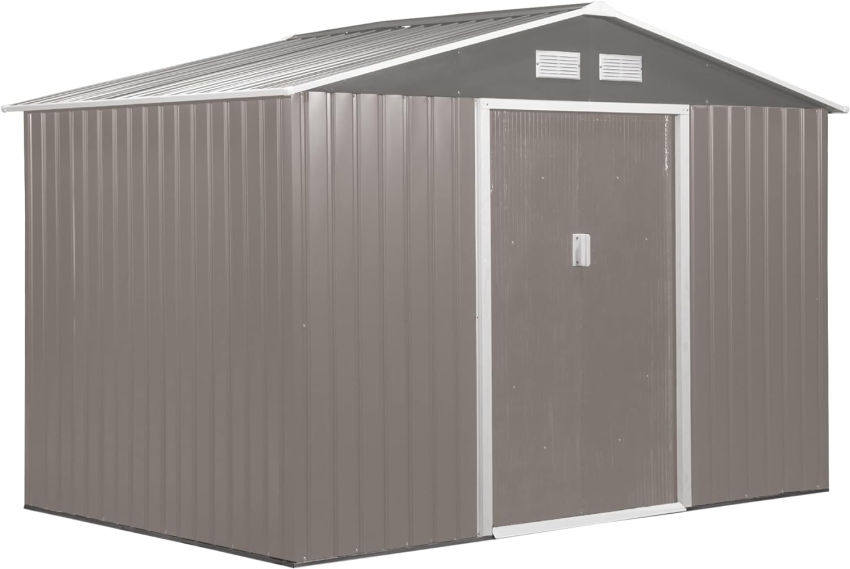 Outsunny 9 x 6ft Garden Metal Storage Shed, Outdoor Storage Tool House with Ventilation Slots, Floor Foundation and Lockable Double Doors, Light Green