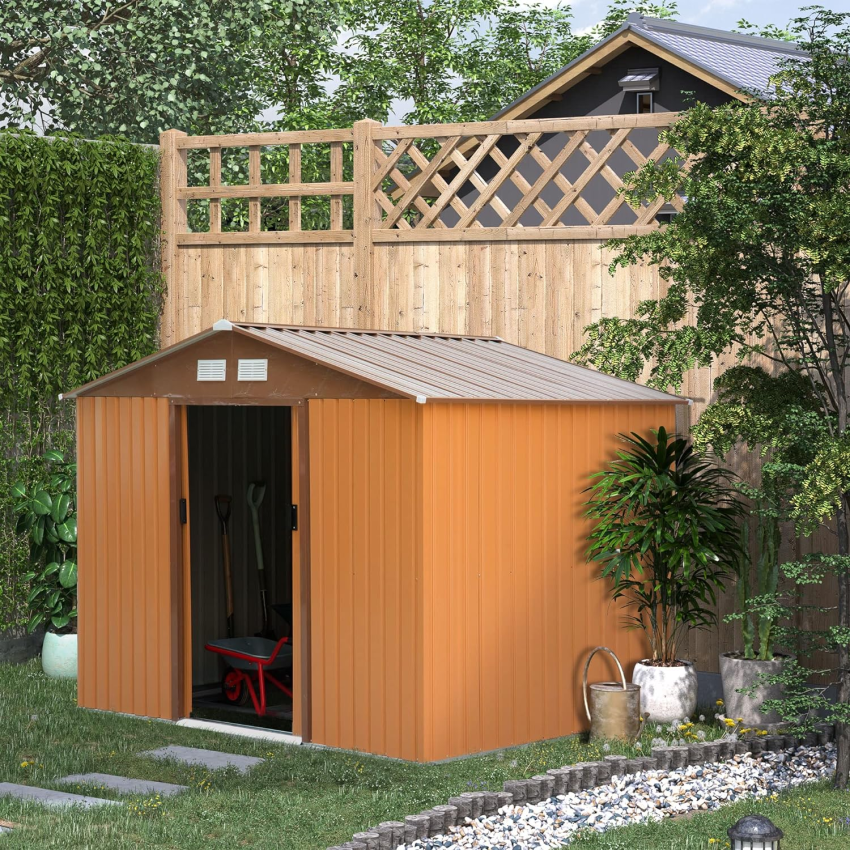 Outsunny 9 x 6ft Garden Metal Storage Shed, Outdoor Storage Tool House with Ventilation Slots, Floor Foundation and Lockable Double Doors, Light Green