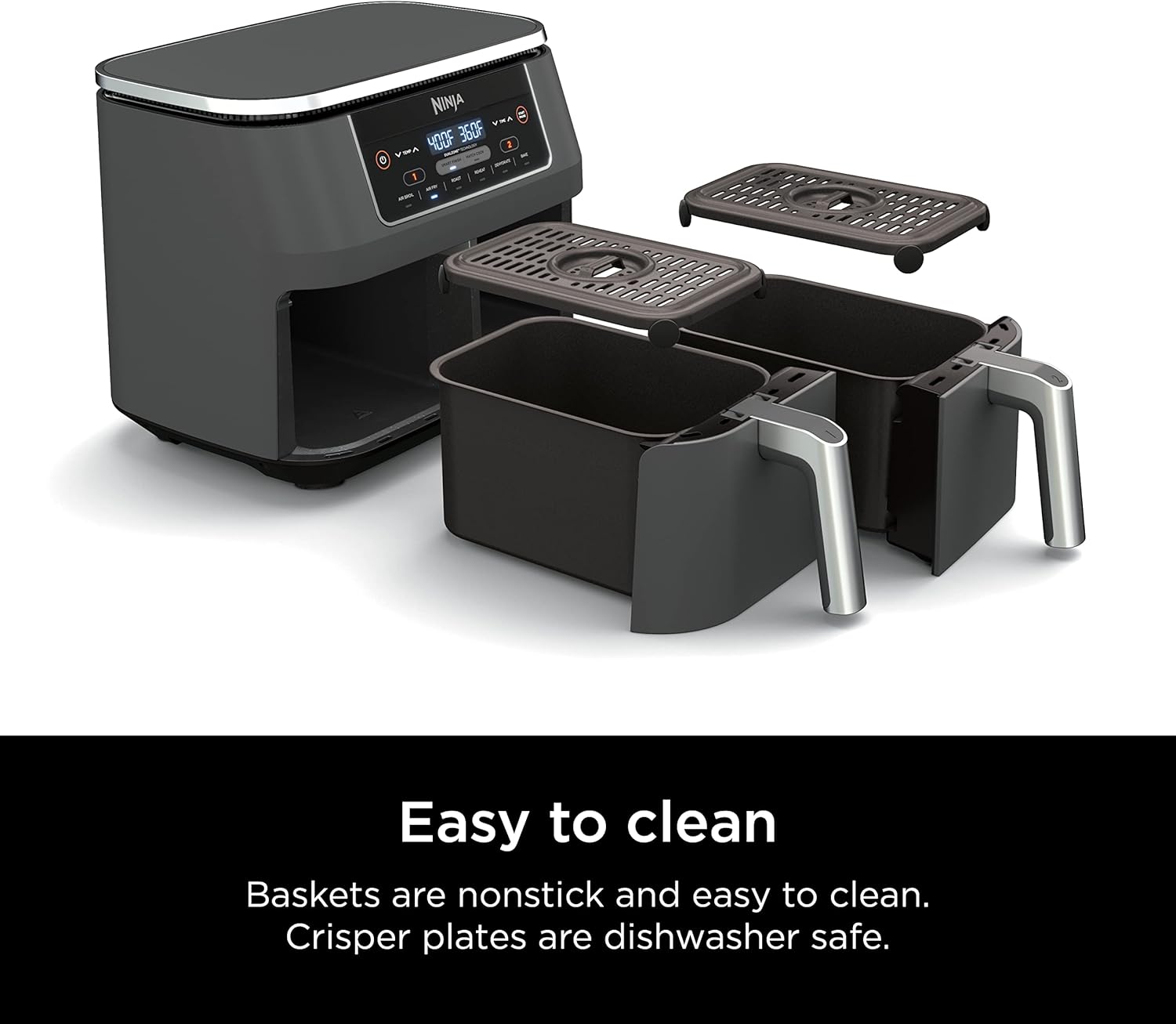Ninja Foodi Dual Zone Digital Hot Air Fryer - 6-in-1, 2 Compartments, 6.2L, 7.6L, 9.5L – Non-Stick, Dishwasher Safe, Black AF300EU