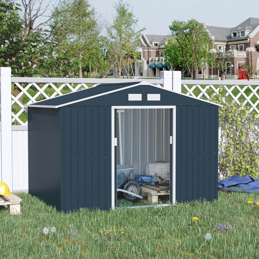 Outsunny 9 x 6ft Garden Metal Storage Shed, Outdoor Storage Tool House with Ventilation Slots, Floor Foundation and Lockable Double Doors, Light Green