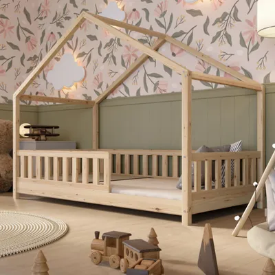 Crazy Pine House Bed with Drawers 80x160 cm – Children's Bed Made of Natural Wood – Floor Bed with Storage and Removable Barrier - Crazy House
