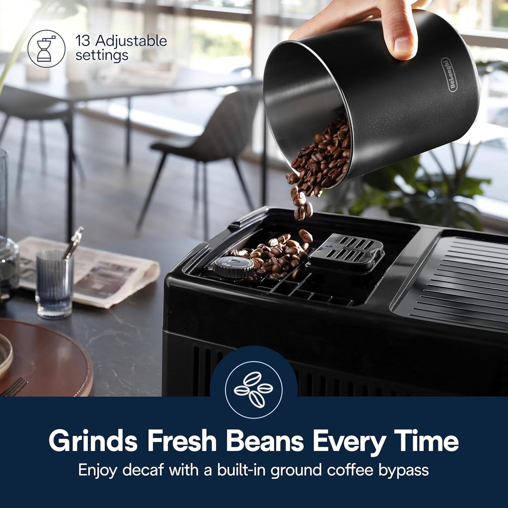 De'Longhi Dinamica Plus Fully Automatic Espresso Machine - Brew Personalized Coffee for up to 4 User Profiles, 24+ Recipes, Built in Grinder & Automatic Milk Steam Wand with 3 Frother Modes