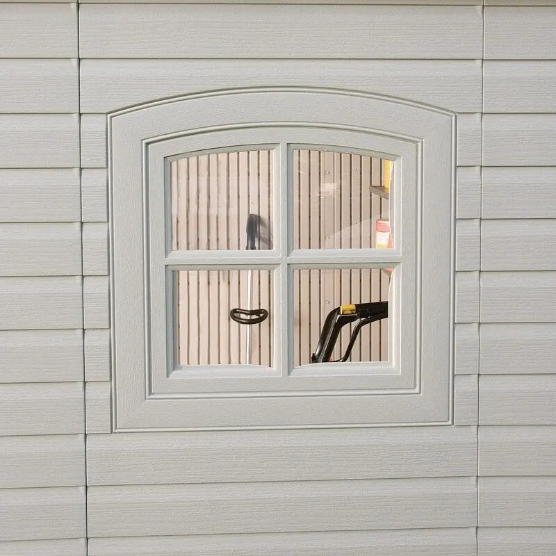 8' wide x 7' 4" deep plastic storage shed