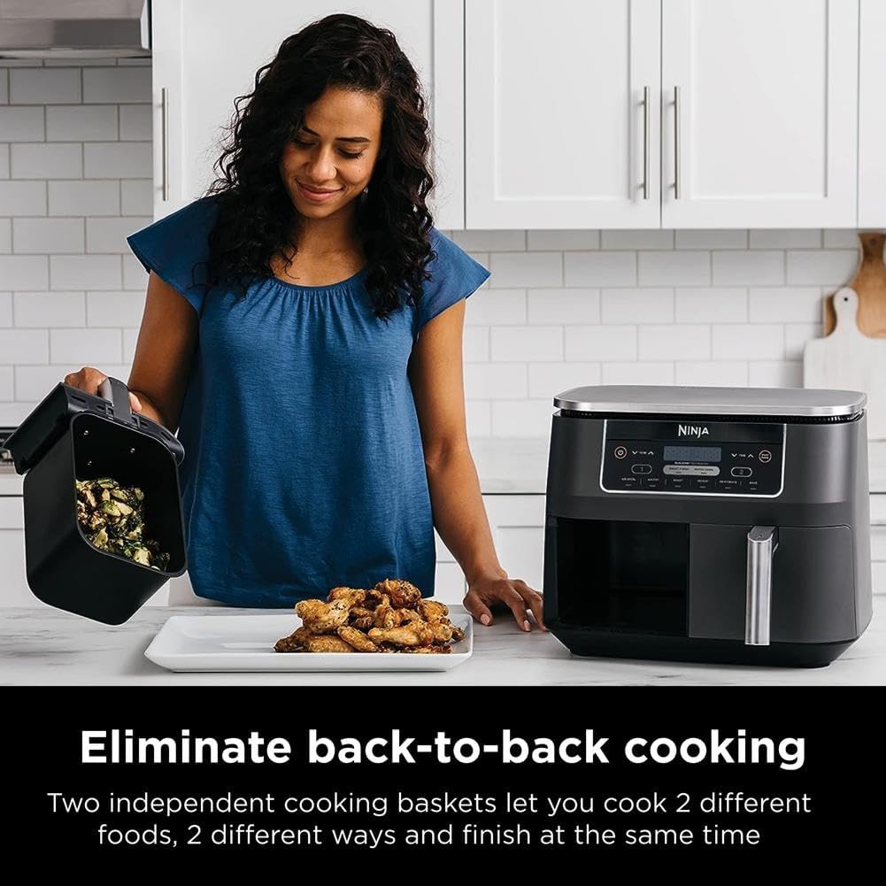 Ninja Foodi Dual Zone Digital Hot Air Fryer - 6-in-1, 2 Compartments, 6.2L, 7.6L, 9.5L – Non-Stick, Dishwasher Safe, Black AF300EU