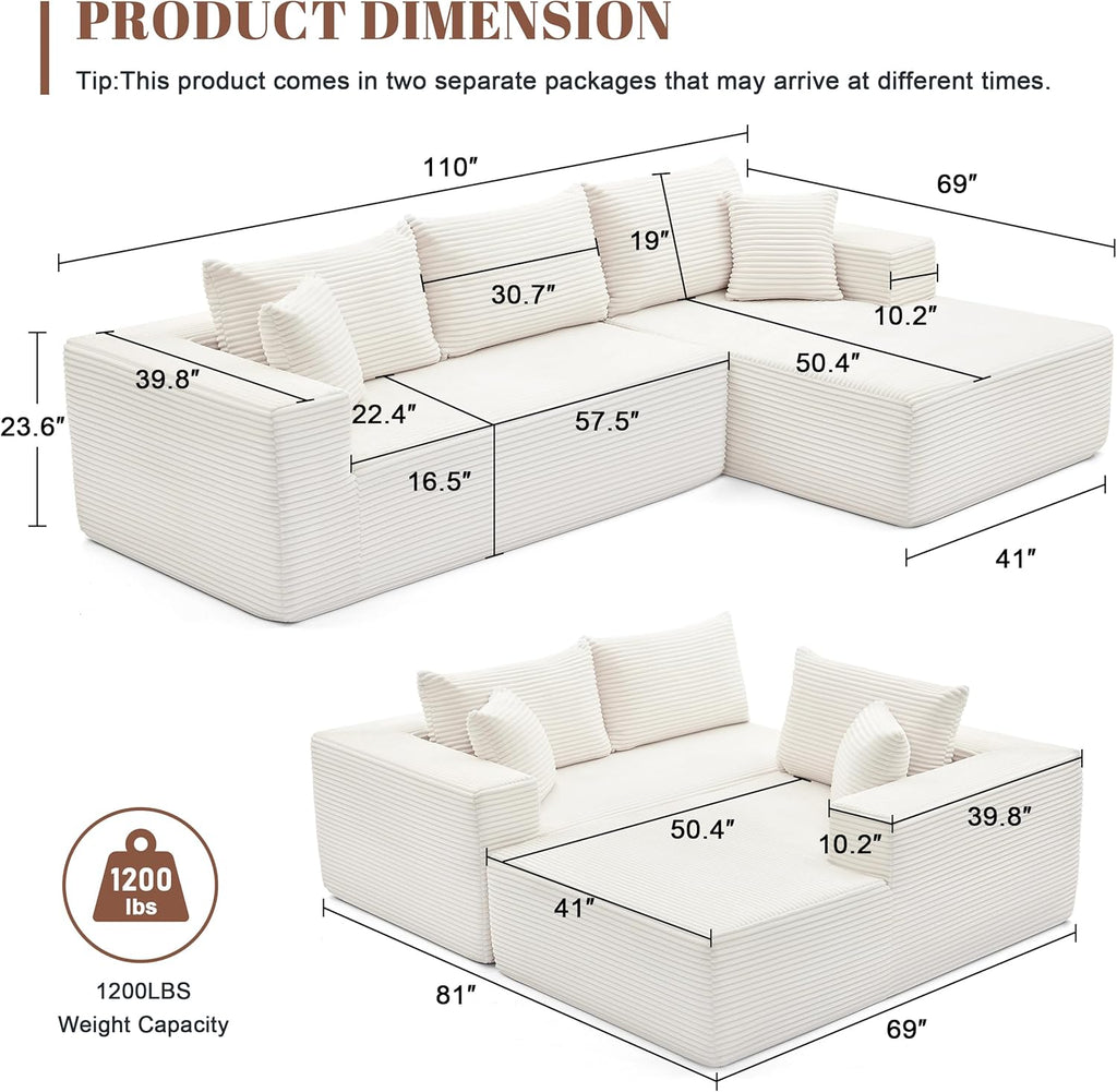 Cloud Sectional Sofa 110" with Chaise – Ultra Deep Seat, Fluffy Modular Couch, No-Assembly L-Shaped Beige Sofa for Cozy Living Rooms