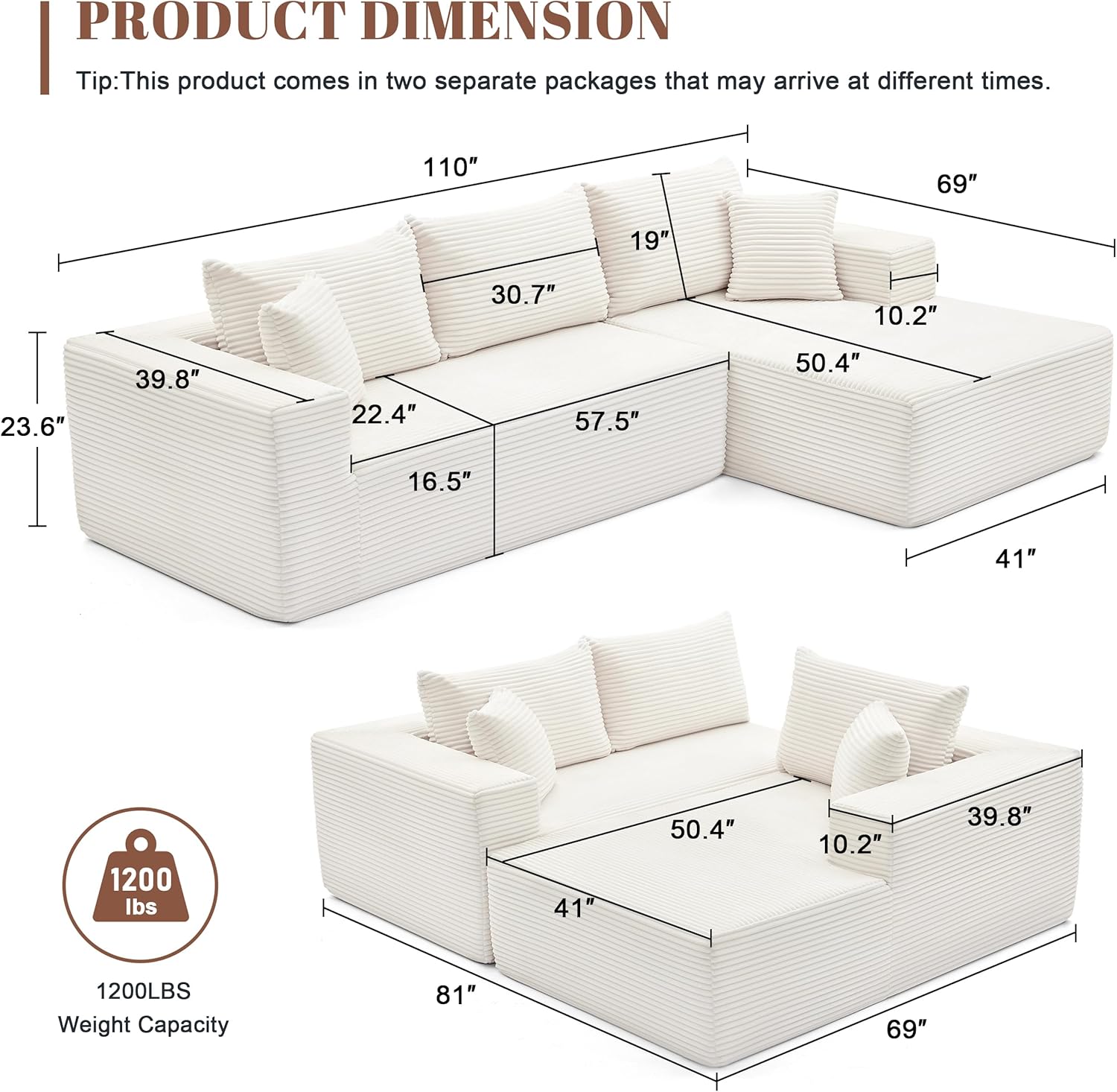 Cloud Sectional Sofa 110" with Chaise – Ultra Deep Seat, Fluffy Modular Couch, No-Assembly L-Shaped Beige Sofa for Cozy Living Rooms