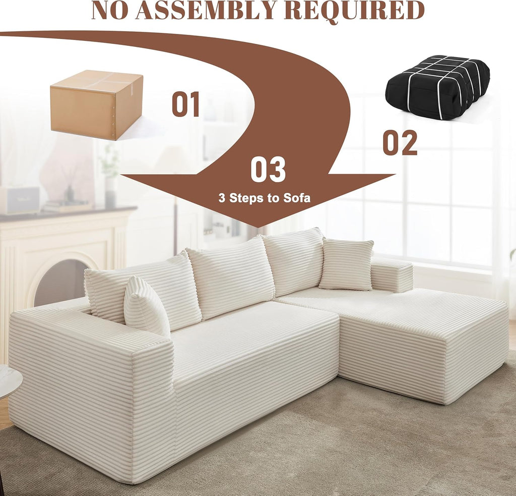 Cloud Sectional Sofa 110" with Chaise – Ultra Deep Seat, Fluffy Modular Couch, No-Assembly L-Shaped Beige Sofa for Cozy Living Rooms
